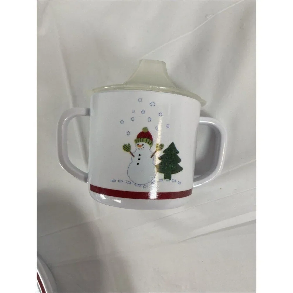 Pottery Barn Kids Snowman Plate Bowl Sippy Cup Christmas Holiday Plastic In Box